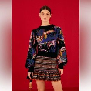 FARM RIO Graphic Toucans Stripes Mini Skirt, Size Medium, Multicolor